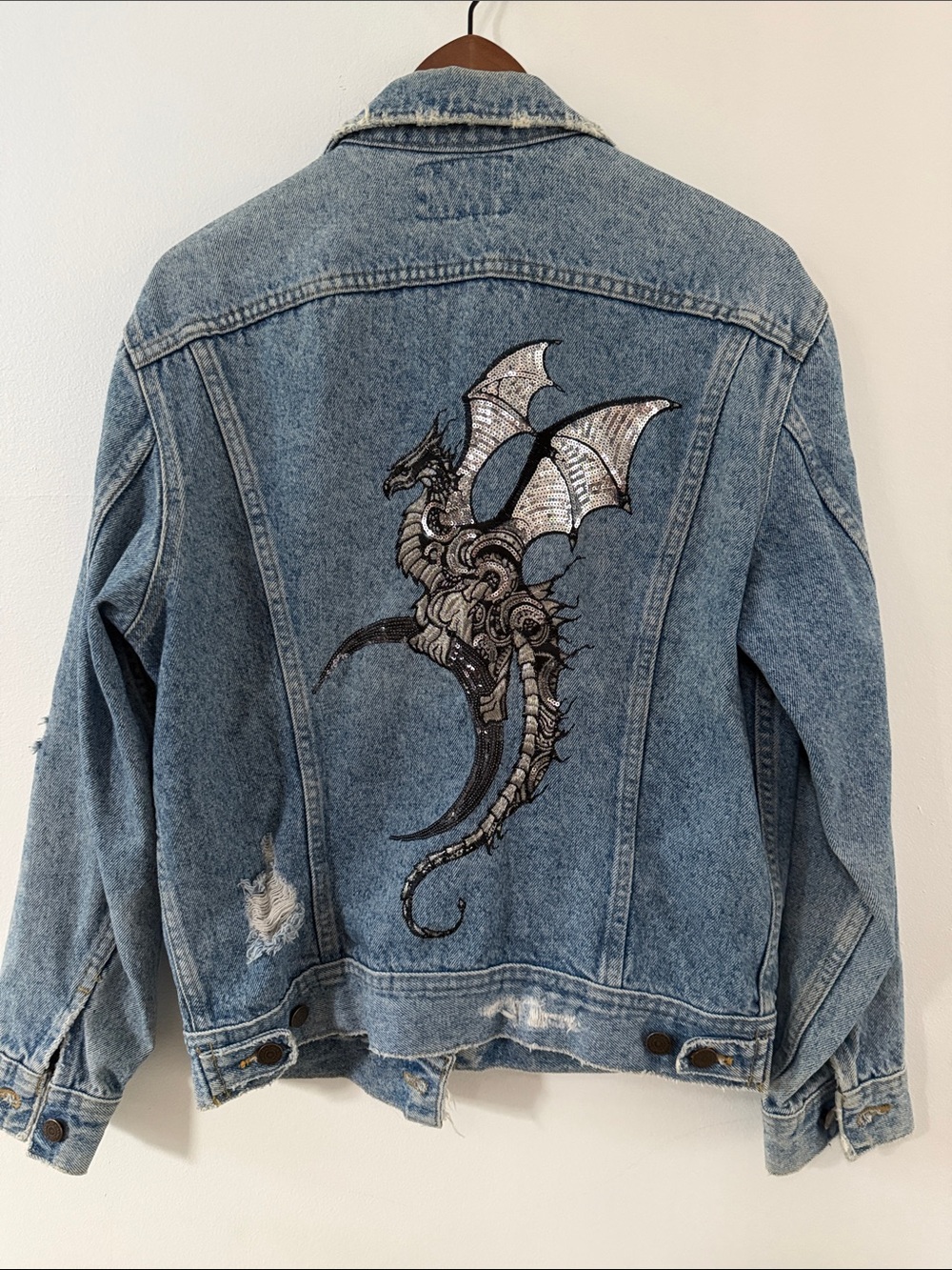 Embroidered Dragon Light Blue Denim Jacket - Women